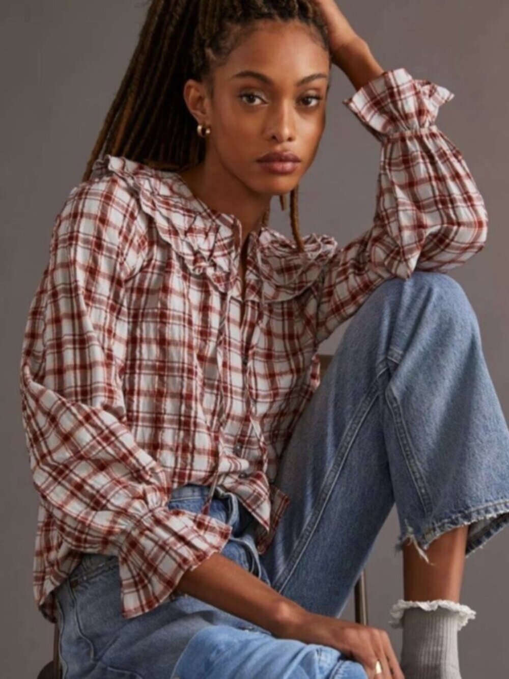 NWT Anthropologie Maeve Ruffled Plaid Button Long Sleeve Shirt in Women's 1X
